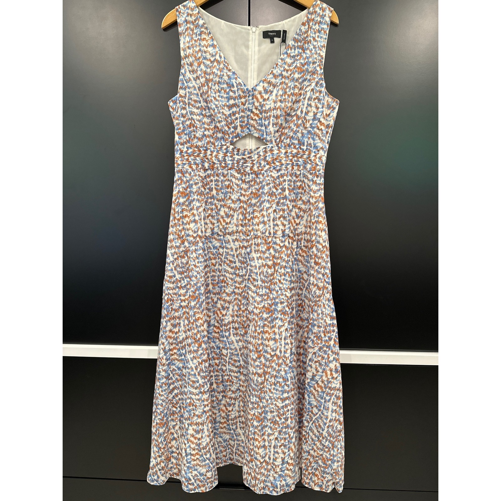 Theory Sl Cutout Dress Desert Lawn Blue Multi Abstract Midi M0505621 Size 10 New